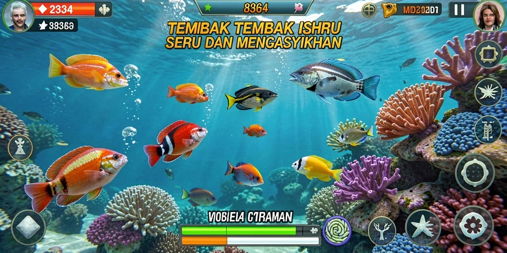 Screenshot menunjukkan aksi menembak ikan yang seru dalam 8364.