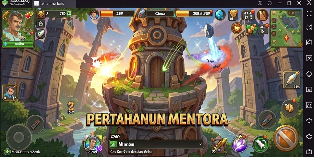 Tampilan gameplay C789 dengan menara pertahanan yang strategis dan musuh menyerang.