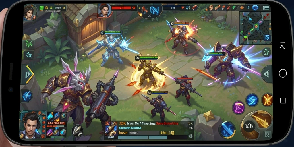 Screenshot menunjukkan aksi intens dalam pertempuran DKK di arena MOBA.