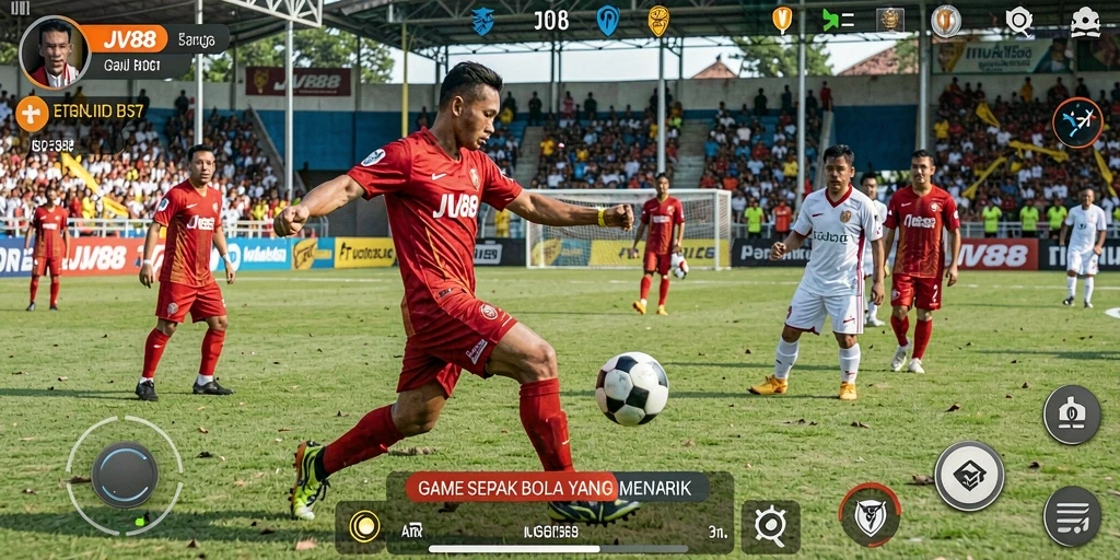 Screenshot utama JV88 menampilkan aksi seru dalam permainan sepak bola.