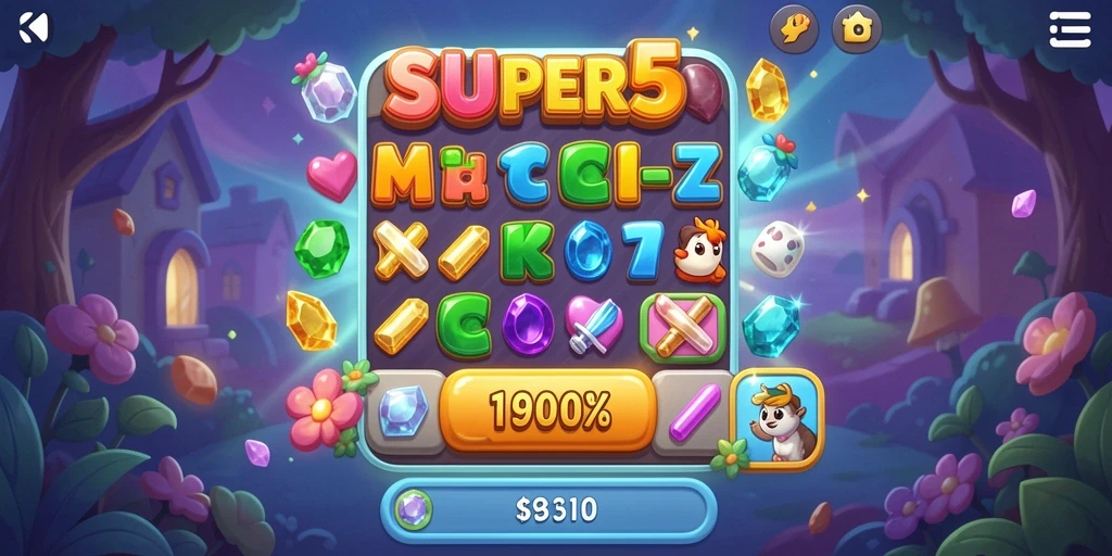 Screenshot SUPER5 menampilkan gameplay Match-3 yang seru dan penuh warna.