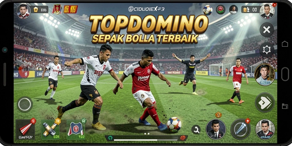 Screenshot gameplay TOPDOMINO dengan aksi sepak bola yang mendebarkan.