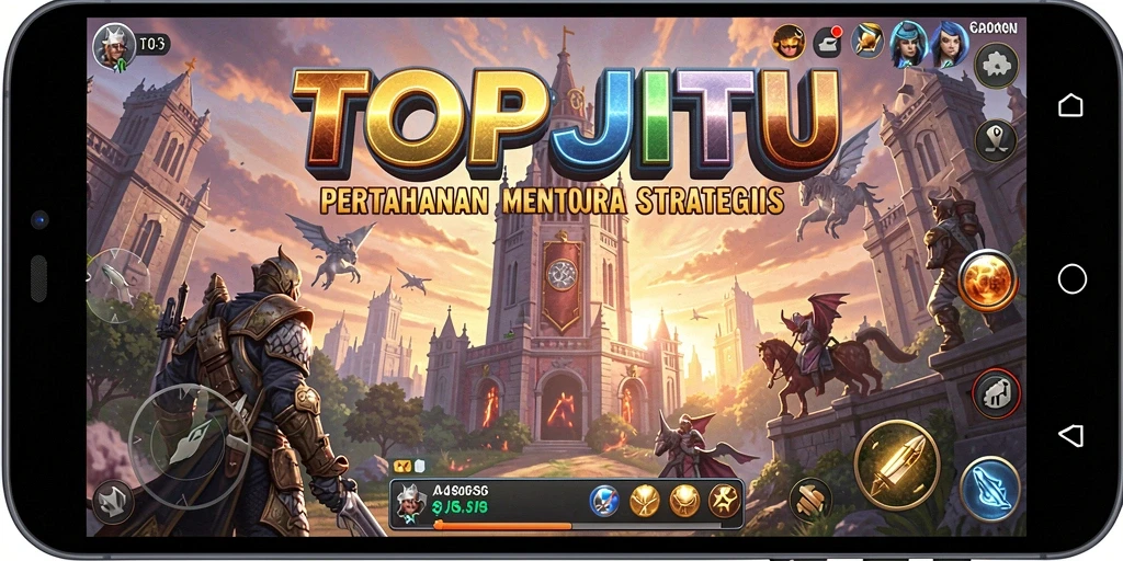 Tampilan gameplay TOPJITU dengan menara dan musuh yang beragam.